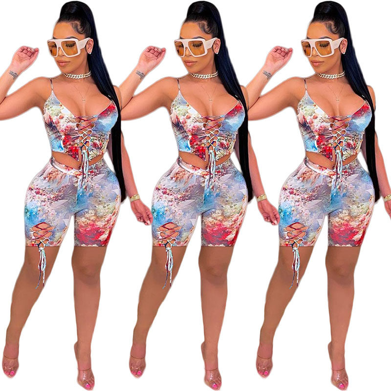 Fashion printing shorts set with hollow out two piece bandage M054