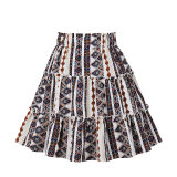 Boho Vacation Style Print Elastic Waist Skirt With Fringe Fashion Thin Skirt 230047