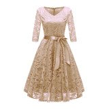 Ladies Casual Long-Sleeve Wedding Guest V-Collar Lace Girl Dress CD1592-1