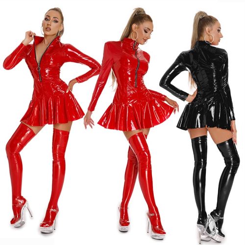 Long Sleeve Shiny Patent Leather Stage Nightclub One Piece Sexy Tight Leather Dress XX6391
