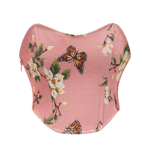 Belly Oil Painting Wind Corset Top Yarn Dyed Jacquard Fish Bone Waist Corset 22048