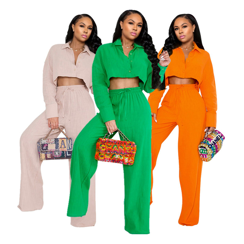 Women's Autumn Simple Solid Color Shirt Wide Leg Straight Pants Casual Suit YM8628