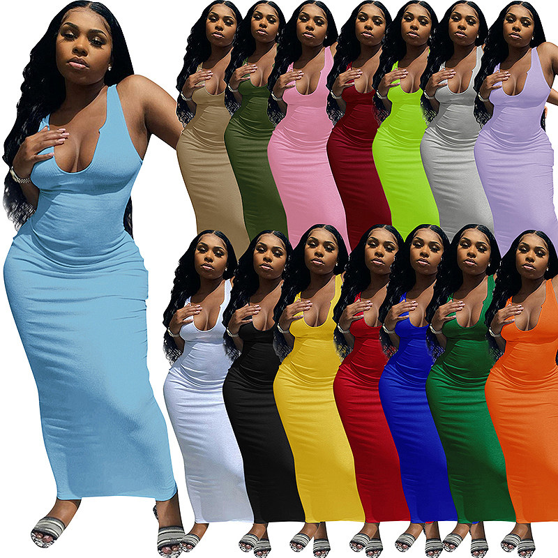 U neck causal woman dress fashionable sexy solid summer maxi dress M30120