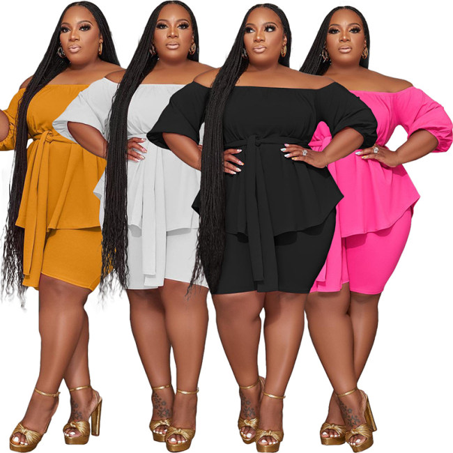 Solid Color Plus Size Women's Independent Stand One Shoulder Two Piece Set YM8627
