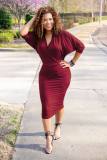 Elegant V Neck Batwing Sleeve Knee Length Bodycon Dress m8385