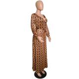 Printed deep v neck long sleeve maxi dress M8300