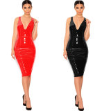 S-6XL Sexy Deep V Knee-Length Women Leather Dress M7311