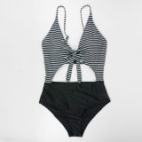 Black White Striped Hollow Out Sexy Two Pieces Bikini Swimsuit 18005L