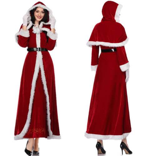 Women Fur Trim Christmas Santa Claus Cloak Xmas Costumes M1194