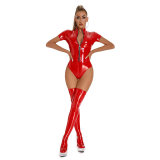 Sexy Women Bodysuit High Bounce Patent Leather Short Sleeve Onesie XX6876