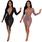 Deep V Neck Sexy Sequin Dress m8315