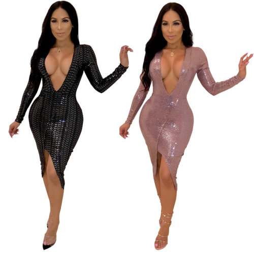 Deep V Neck Sexy Sequin Dress m8315