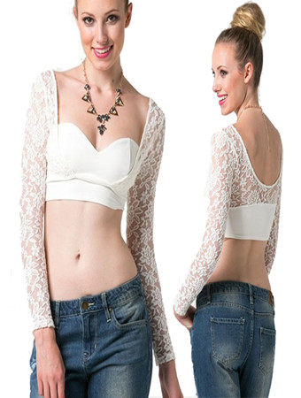 White low-cut long sleeve lace clubwear tops M30044a
