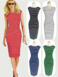 Adult Women Midi Stripe Pattern OL Tight Dress M30207