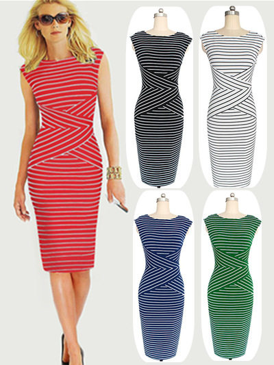 Adult Women Midi Stripe Pattern OL Tight Dress M30207