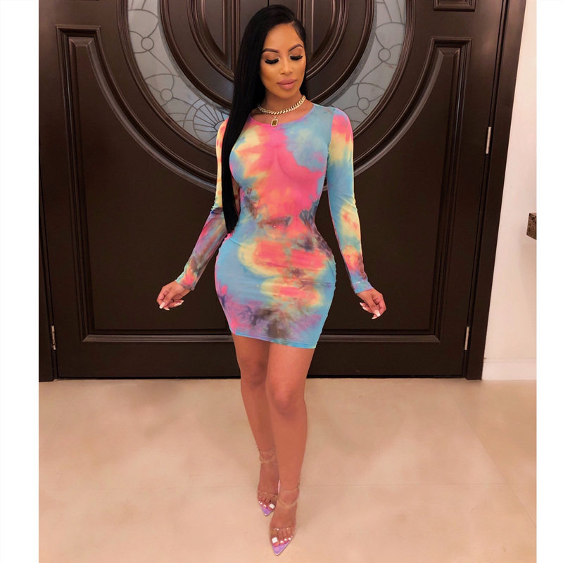 Women O Neck Long Sleeve Bandage Bodycon Mesh Dress M8359