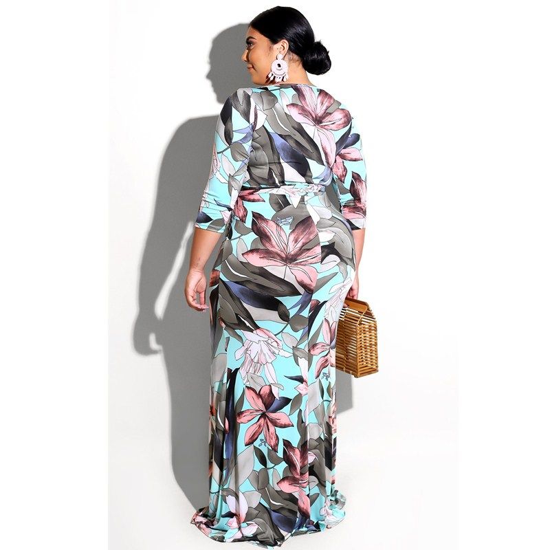 5XL 6XL Lady Elegant Sexy V Neck Floral Print Bandage Long Maxi Dress M9026