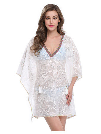 Newest V Neck Sexy Summer Embroidery White Beach Cover Ups Dress