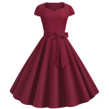 Solid Color Retro Short Sleeve 2022 Spring Elegant Casual Dresses JY14129