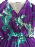 Full Sleeve Belted V-neck Floral Print Boho Chiffon Dress M8450