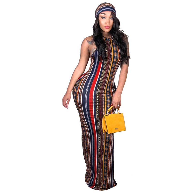 High Stretch Sexy Striped Bodycon Dress With Head Scarf M8288