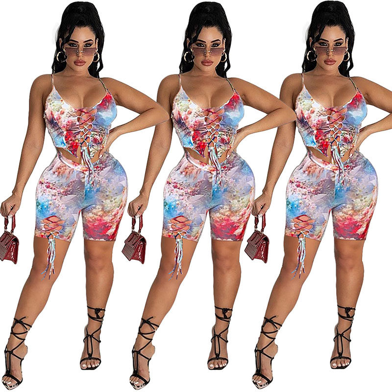Fashion printing shorts set with hollow out two piece bandage M054