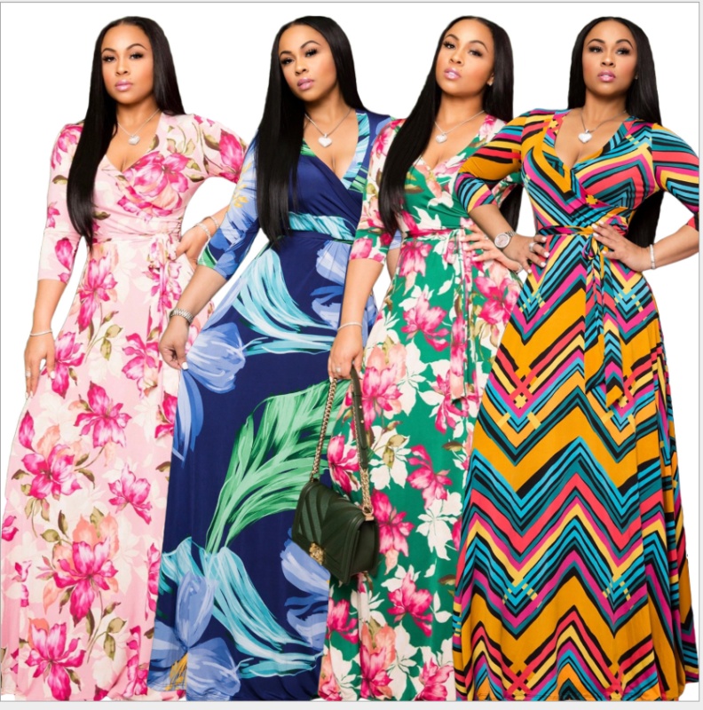 Sexy V-neck beautifully printed plus size and floor dress fashion women's clothing M8573