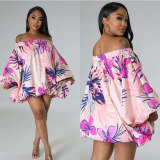Women New Loose Summer Casual Dress One Shoulder Bat Sleeve Skirt YM8626