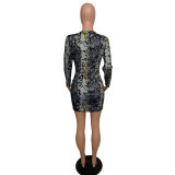 Long Sleeve Snake Print Women Sexy Bodycon Dresses m8337