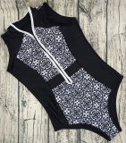 Ladies sexy retro printing zipper bikini V collar one-piece swimsuits