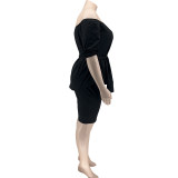 Solid Color Plus Size Women's Independent Stand One Shoulder Two Piece Set YM8627