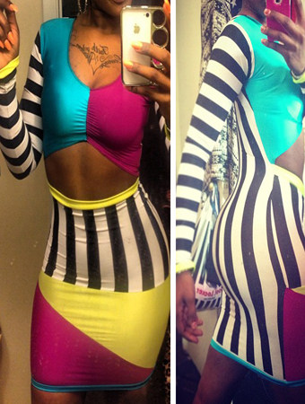 Stripe Hollow Out Long Sleeves Bandage Adult Bodycon Dress M3827