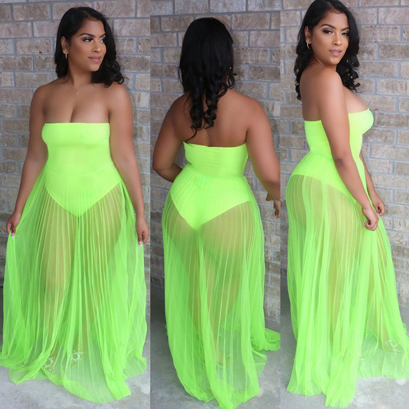 see-through with wrapped chest multicolor strapless summer net dress M30167