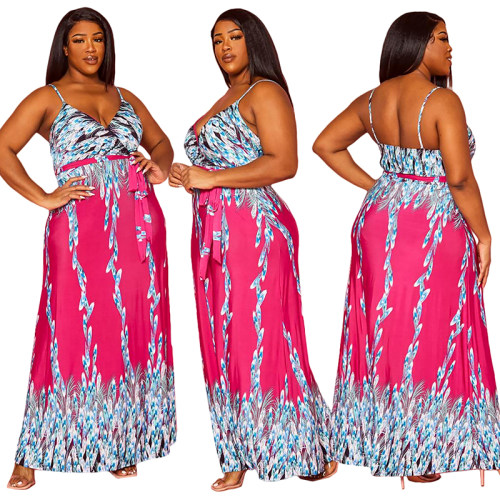 Hot Women Print Halter Cross V-neck Long Dress 9406