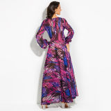 Summer long sleeve V-neck green leaf print maxi dress M8389
