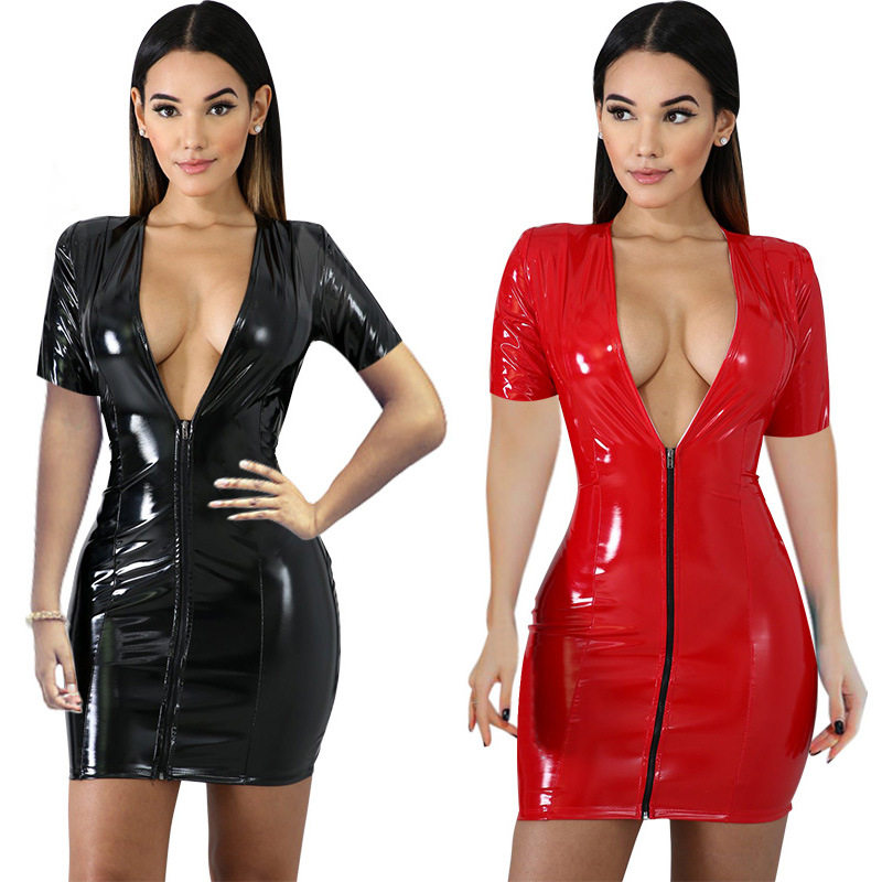 Zipper PU Package Hip Skirt Short Sleeves Leather Corset  V Neck Sexy Dress  51482