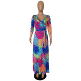 Summer Sexy V Neck Green Palm Leaf Print Holiday Maxi Dress m8408