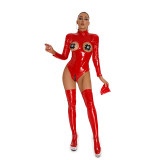 Bright Leather Zipper Punk Sexy Underwear Open Crotch Women Bodysuit XX6851