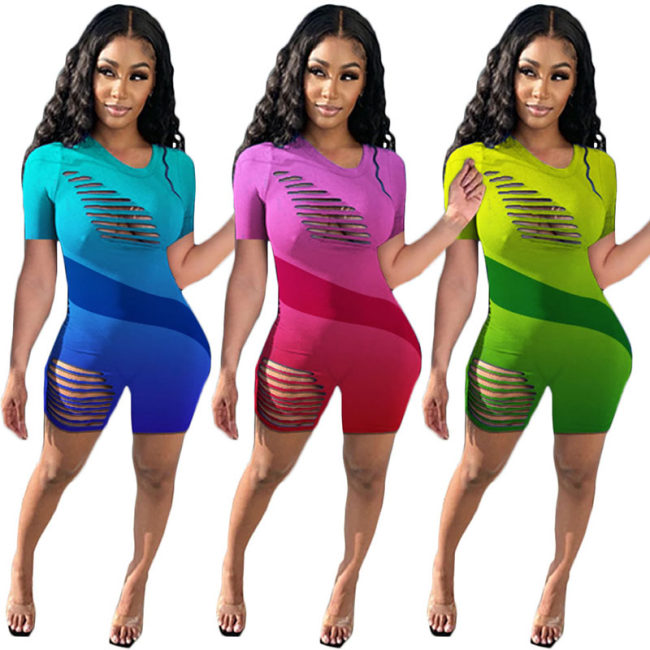 Short Sleeve Gradient Bodycon Rompers Womens Jumpsuit M064