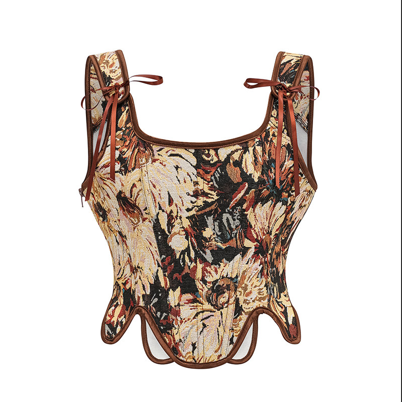 Court Style Peony Retro Bustier Top Waistcoat Monet Oil Body Shaping Corset AM22046