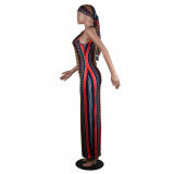 High Stretch Sexy Striped Bodycon Dress With Head Scarf M8288