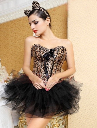 Sexy Leopard Print Adult Women Bustier With Black Bubble Skirt M1855