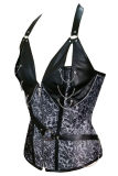 white and black Zipper Front leather cup top corset Halter design chain 14 steel boned corset