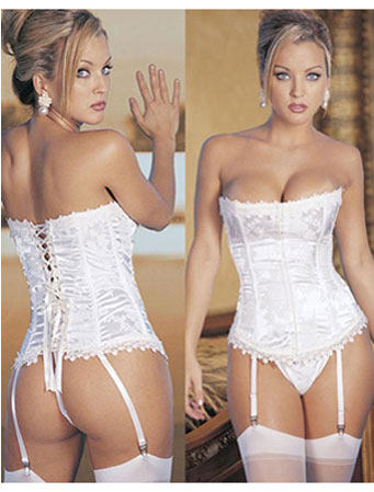 Womens White Lace Sexy Overbust Corset Lingerie with Garters M1518