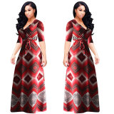 Vintage boho style geometric print half sleeve dresses M8409
