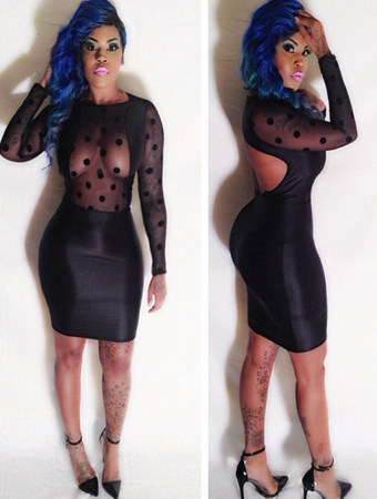 Dot Flock Mesh Panel Bandage Bodycon Dress M3856