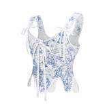 Vintage Corset Shapewear Print Corset Lace Folding Tie Sexy Women Bustier Tops AM22098