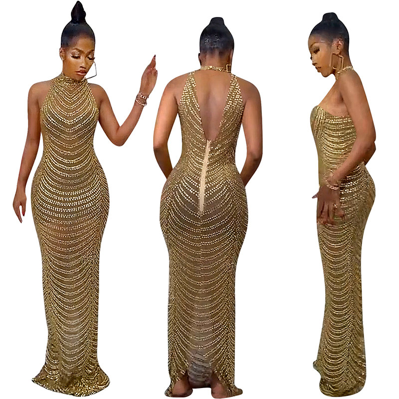 See Through Women Sexy Backless Hot Diamond Elegant Party Dress X5259