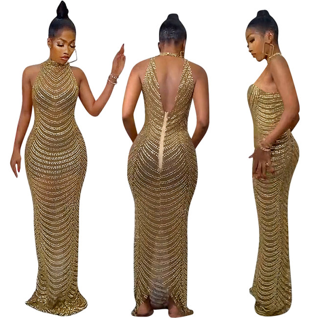 See Through Women Sexy Backless Hot Diamond Elegant Party Dress X5259