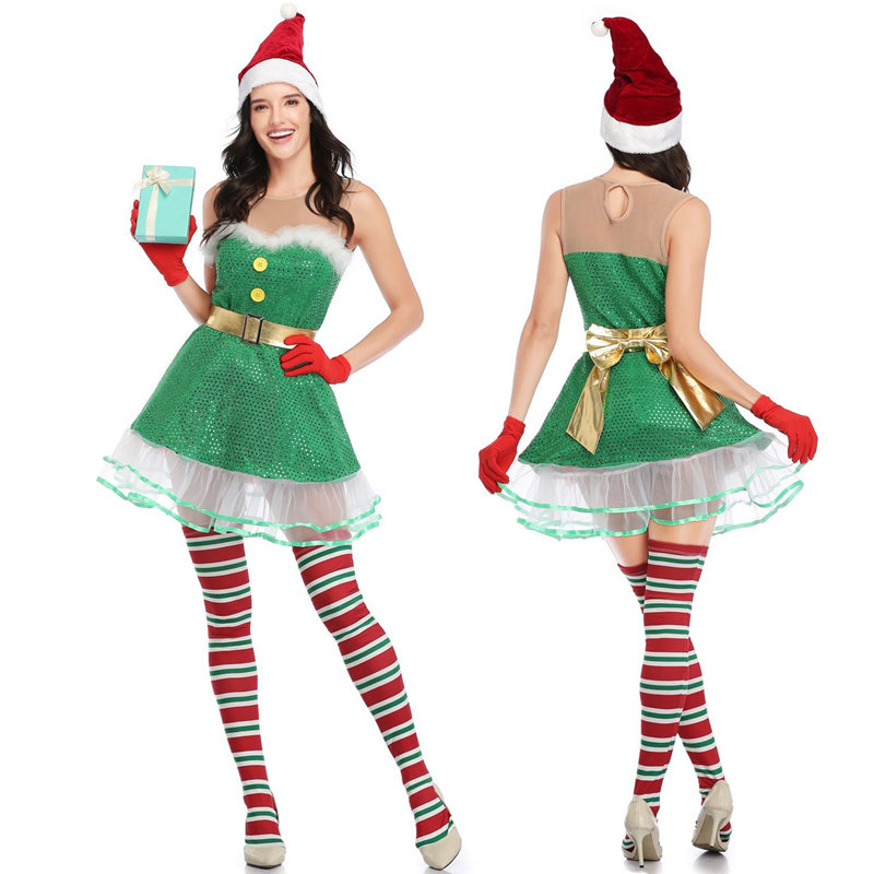 Sexy Off Shoulder Santa Claus Green Sequin Elf Xmas Costume M21945